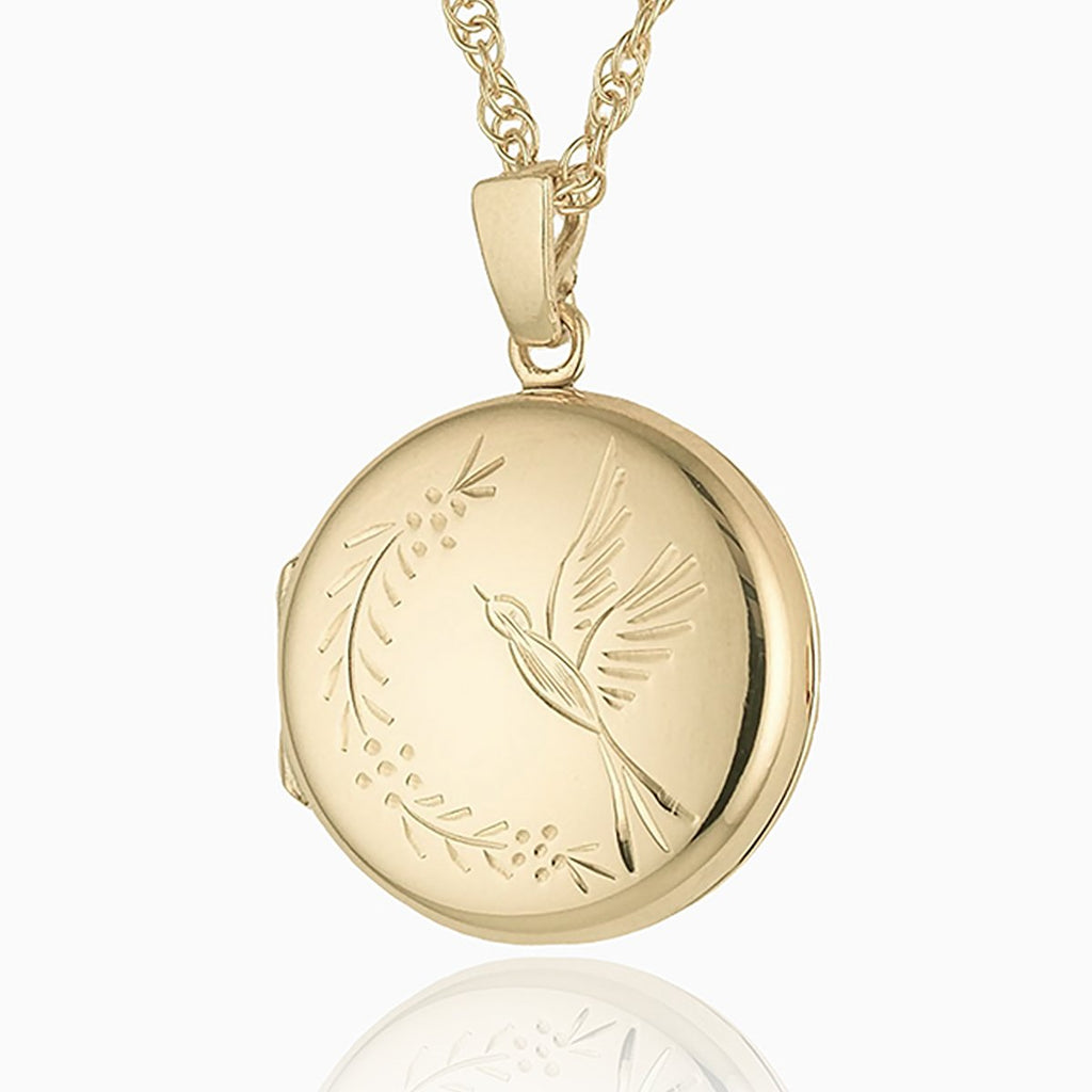 9 ct gold round locket with an engraved bird design on a 9 ct gold rope chain