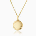 9 ct gold round locket with an engraved border on a 9 ct gold rope chain