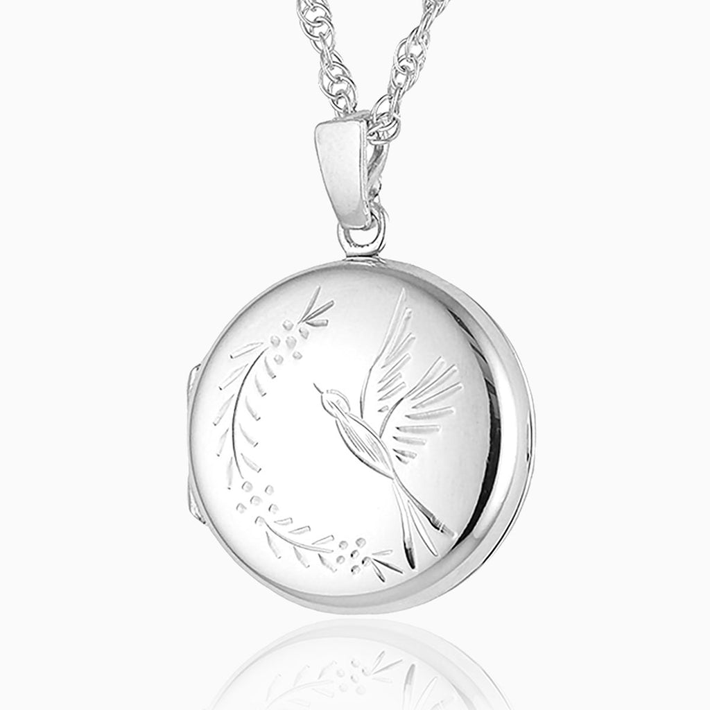925 sterling silver round locket with engraved bird design