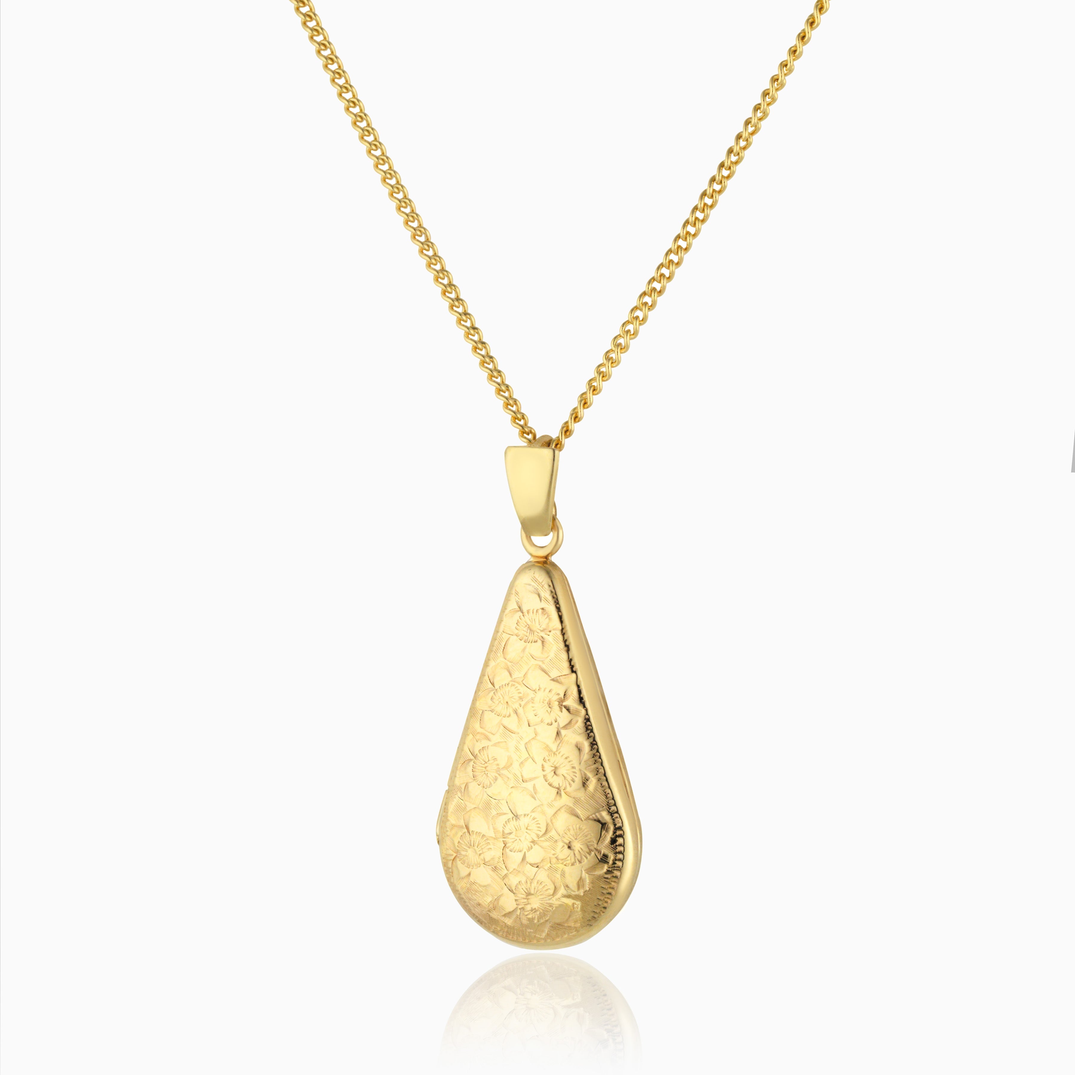 Front shot of a 9 ct gold floral slim locket set with a 9 ct gold curb chain.
