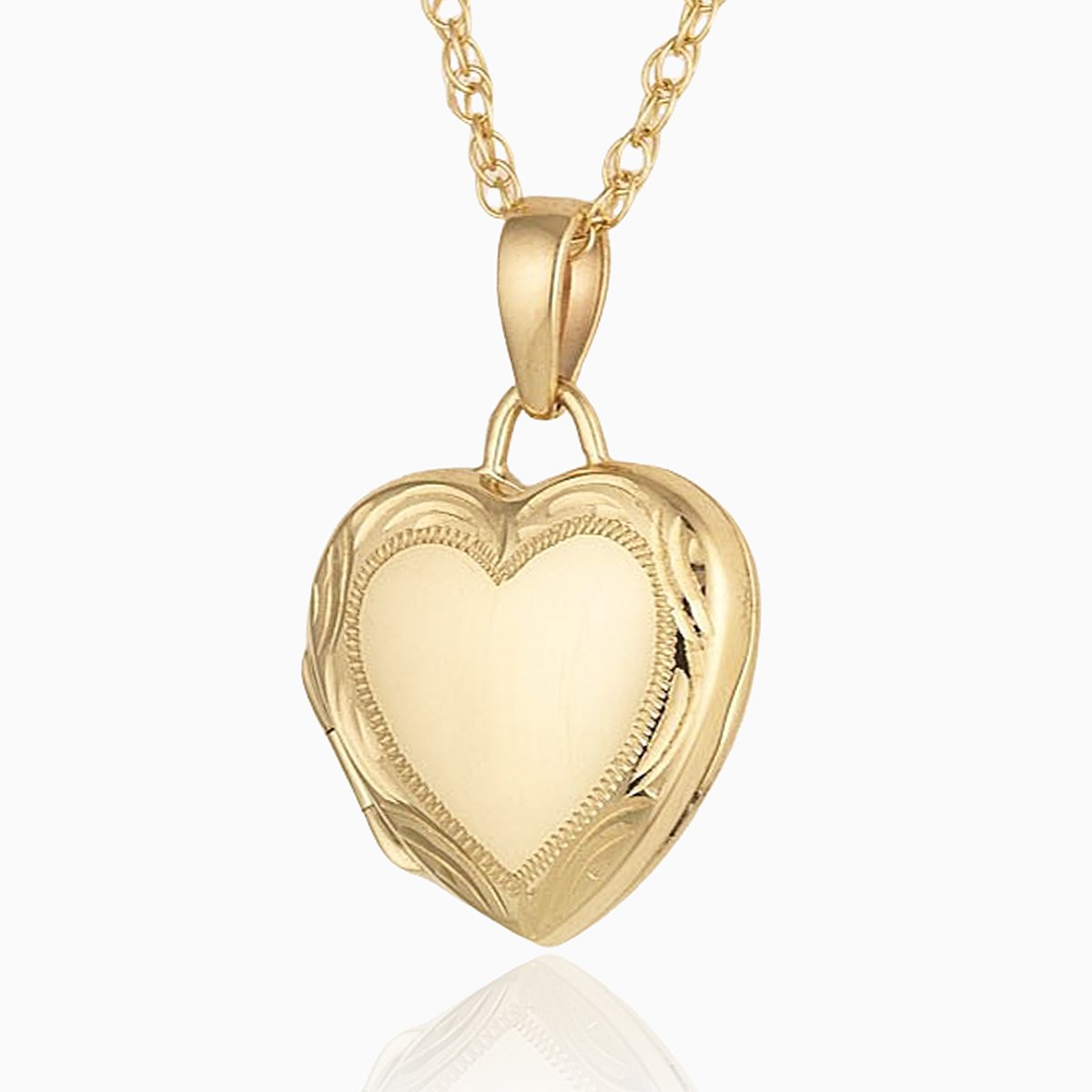 9 ct gold heart lcoekt with an engraved border on a 9 ct gold rope chain