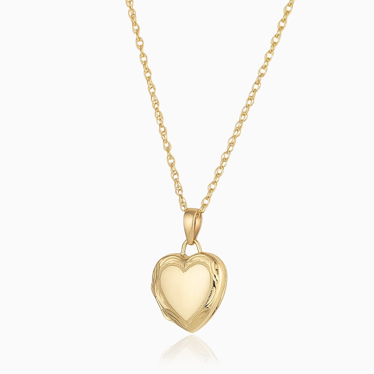 9 ct gold heart lcoekt with an engraved border on a 9 ct gold rope chain