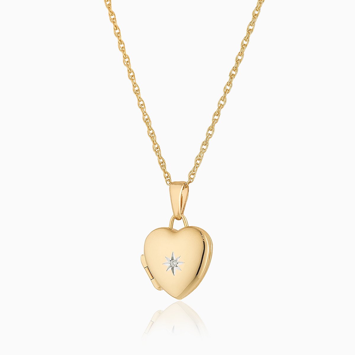 Petite 9 ct gold heart locket set with a diamond on a 9 ct gold rope chain.