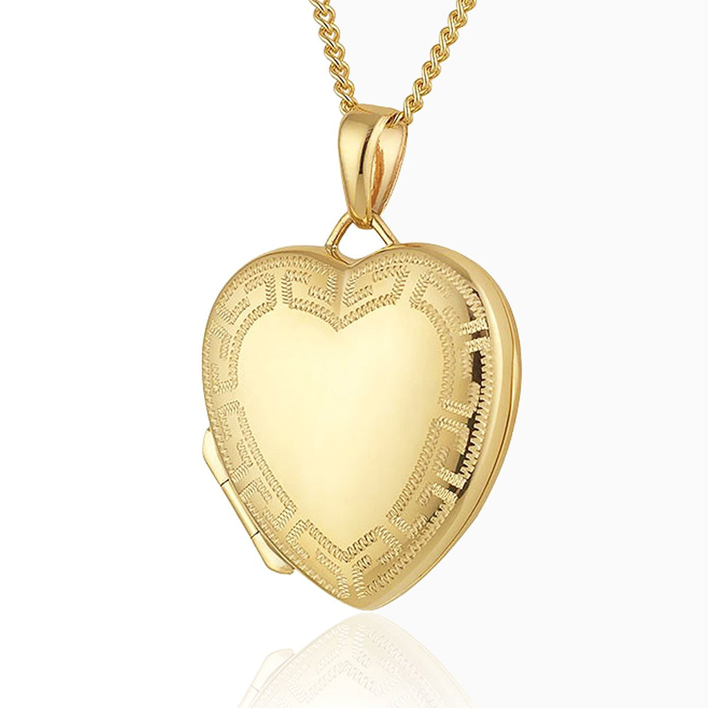 9 ct gold heart locket with a Grecian style engraved border on a 9 ct gold curb chain
