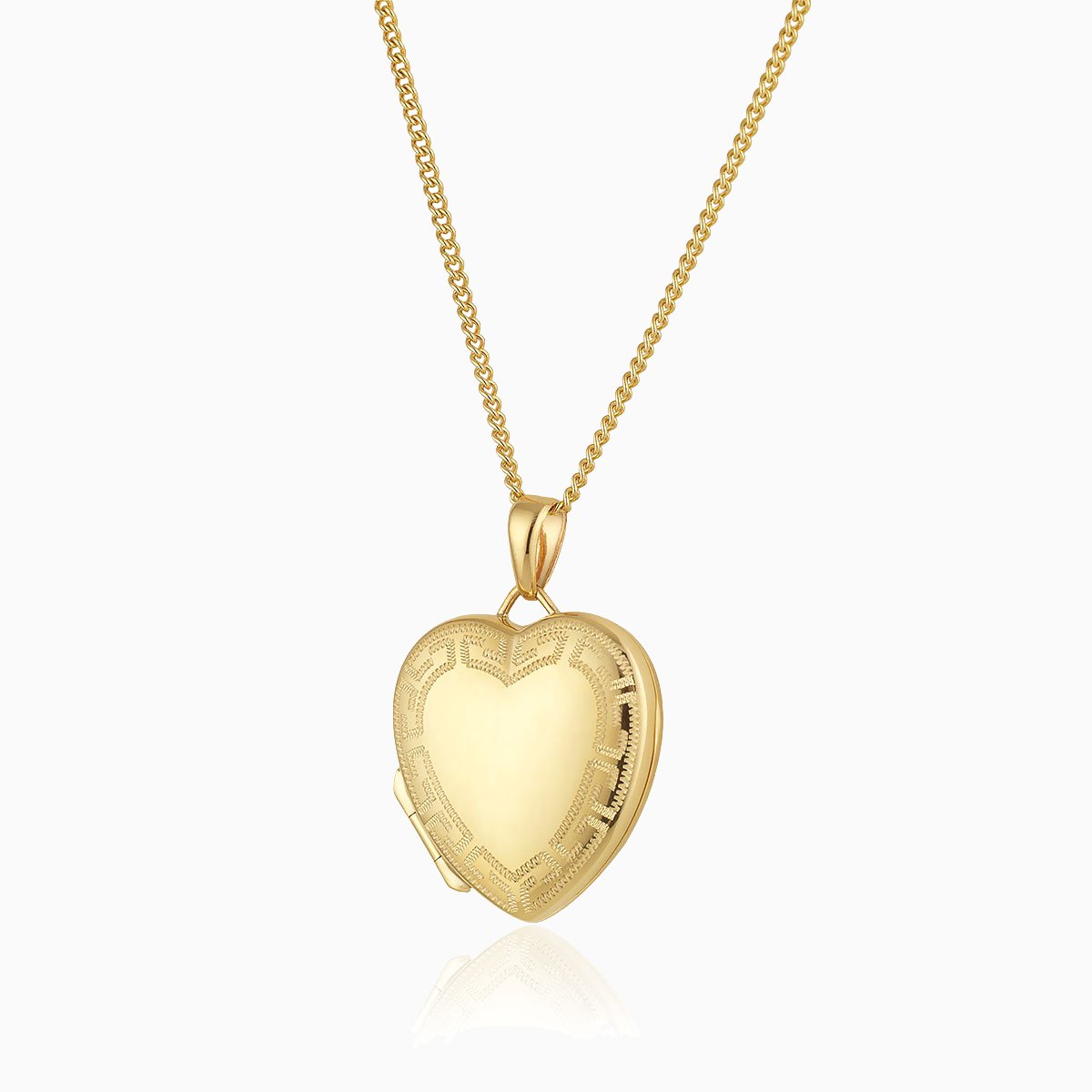 9 ct gold heart locket with a Grecian style engraved border on a 9 ct gold curb chain