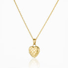 Front shot of a 9 ct heart-shaped petite checkerboard locket set with a 9 ct gold rope chain.