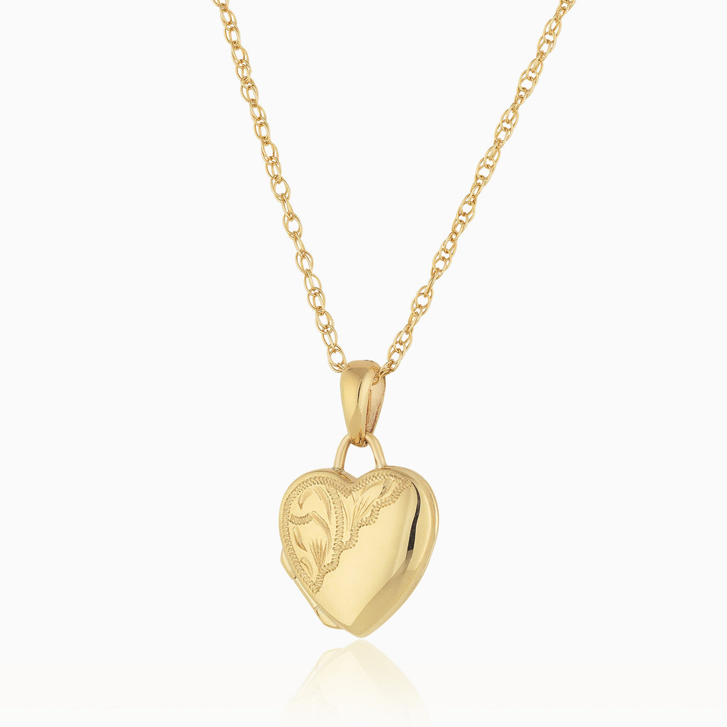 Front shot of a 9 ct petite scalloped gold locket set with a 9 ct gold rope chain.