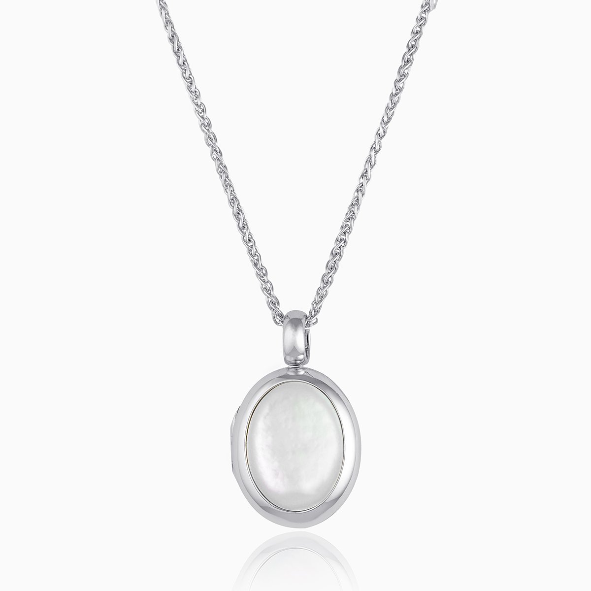 18 ct white gold oval locket set with mother of pearl, on an 18 ct white gold spiga chain