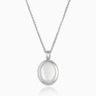 18 ct white gold oval locket set with mother of pearl, on an 18 ct white gold spiga chain