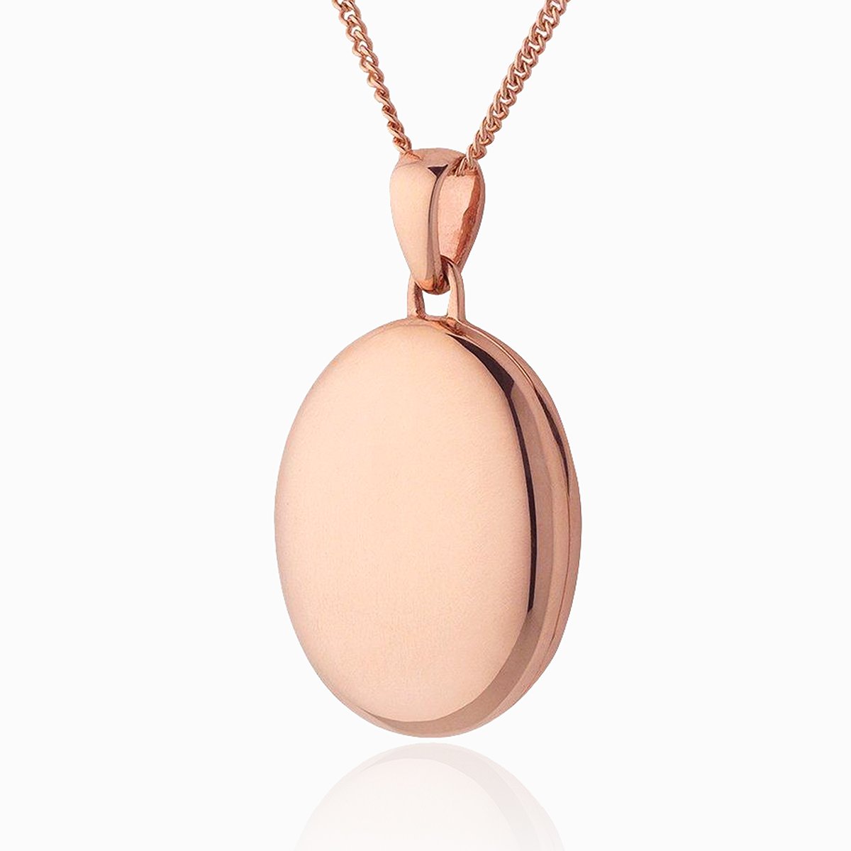 Front shot of a 9 ct rose gold oval locket on a 9 ct rose gold curb chain.