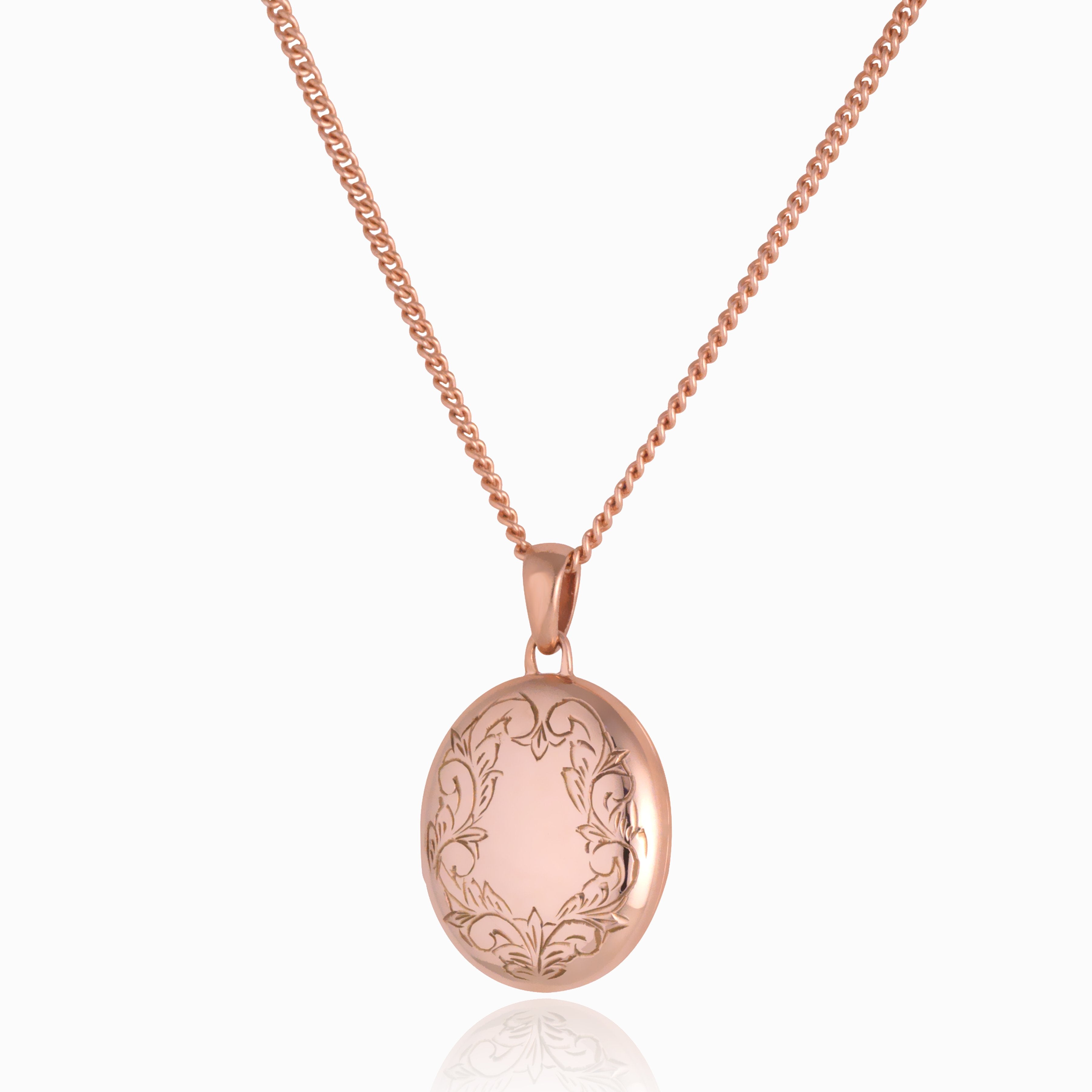 Front shot of a premium 9 ct rose gold foliate border locket set on matching 9 ct rose gold curb chain.