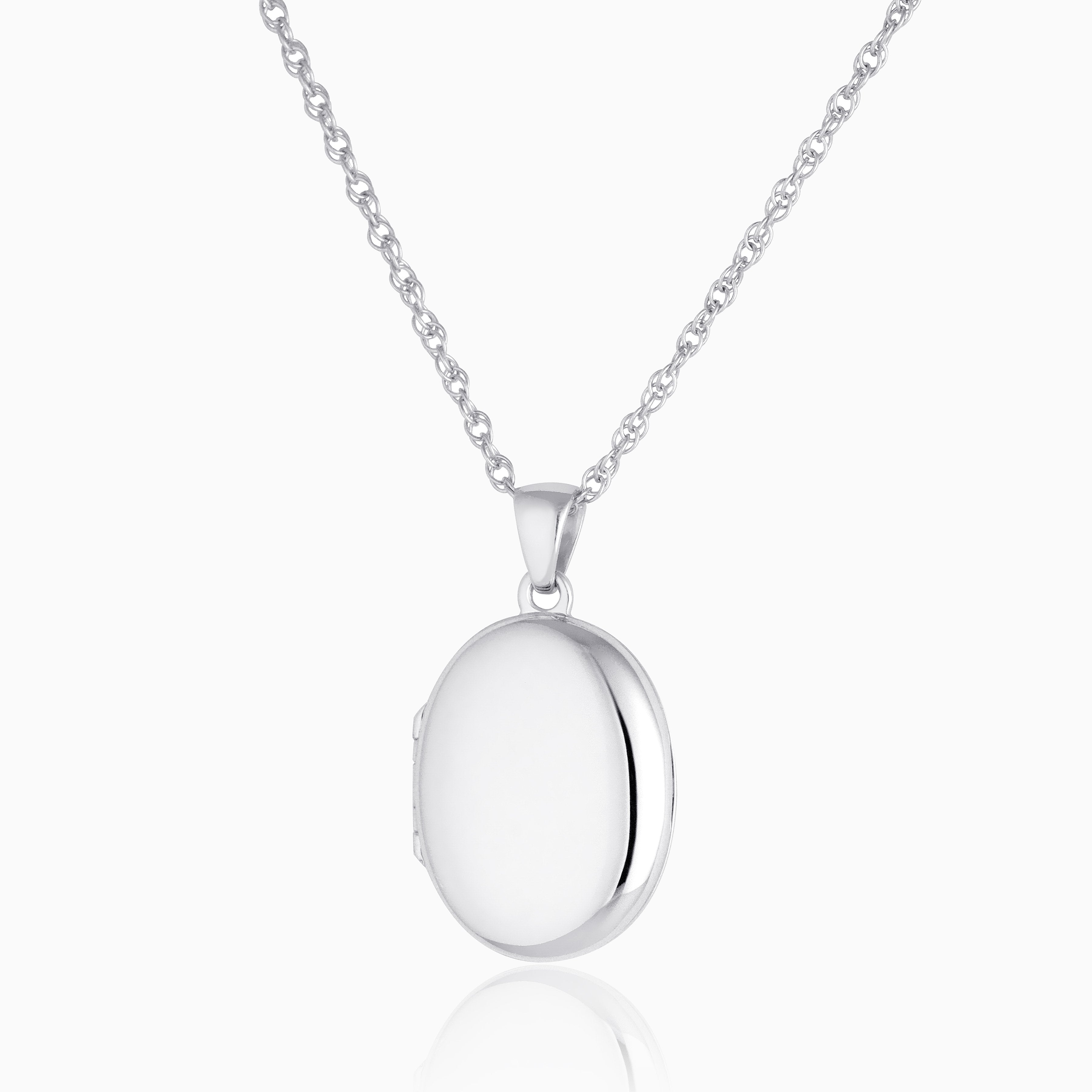 9 ct white gold oval 4-photo locket on a white gold rope chain