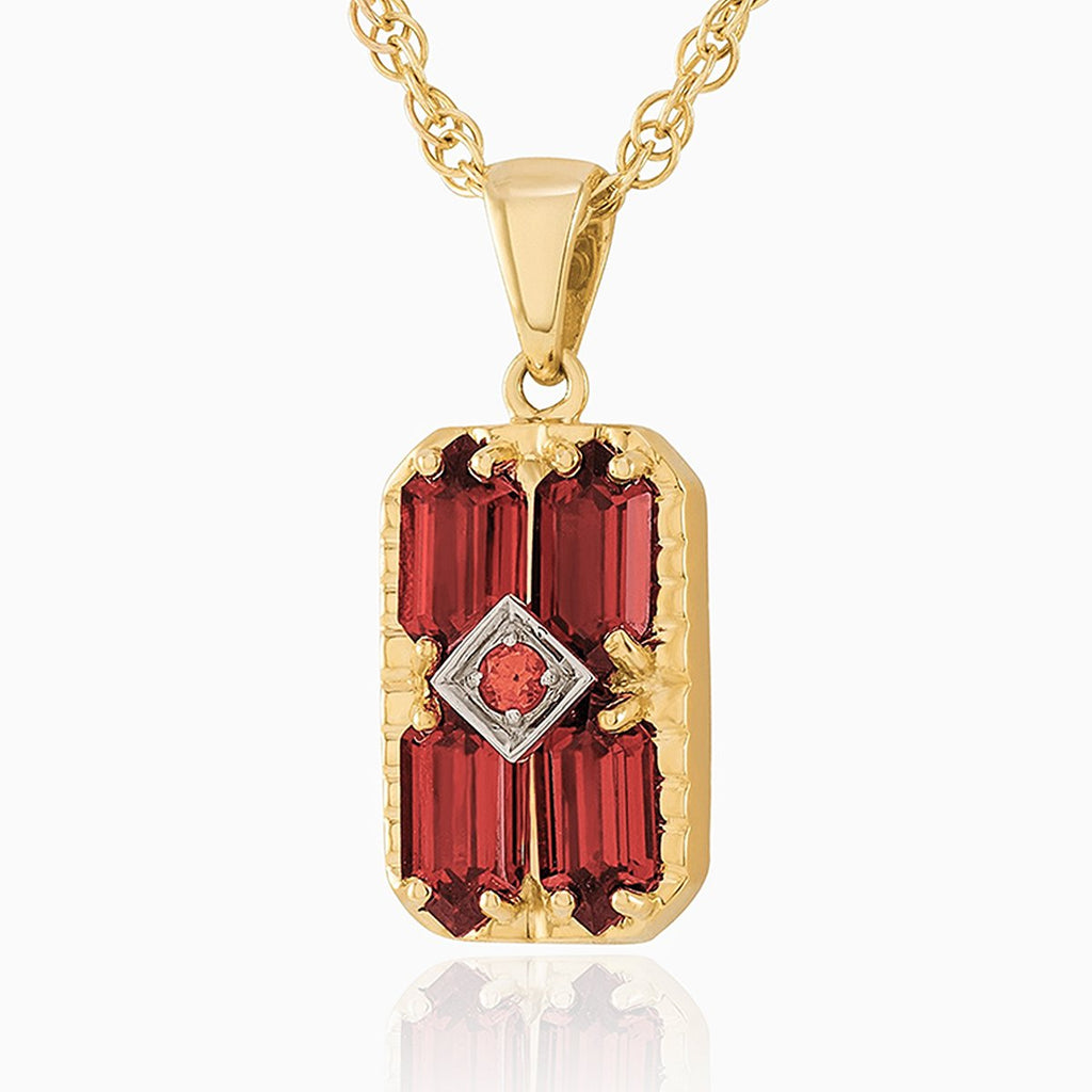 9 ct gold tabular shaped locket set with red garnets on a 9 ct gold rope chain