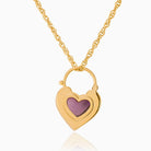 Back view of a 9 ct gold padlock shaped locket set with a purple cabochon amethyst stone, on a 9 ct gold rope chain