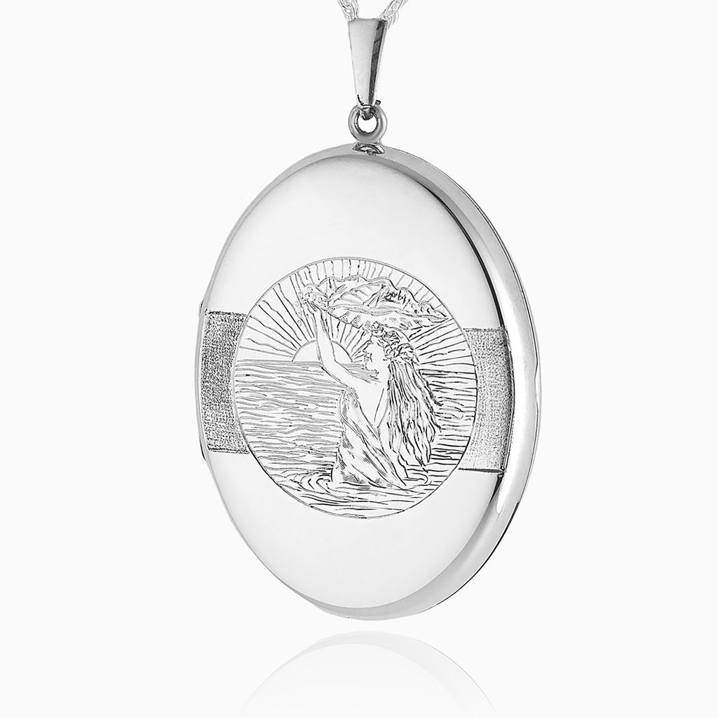 Large sterling silver 925 oval locket with hand engraved, art deco water goddess design.