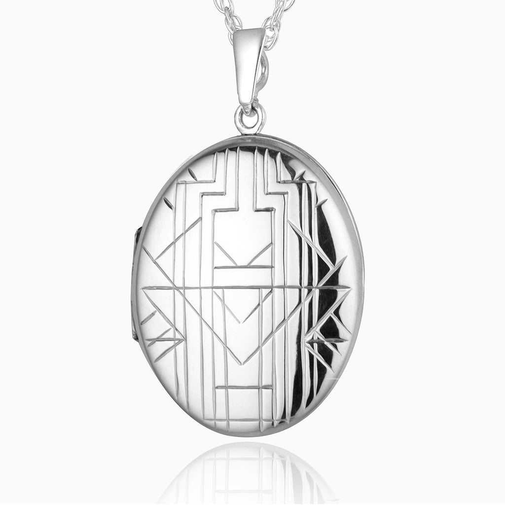 sterling silver oval locket with a chevron pattern engraving design on the front, on a sterling silver rope chain