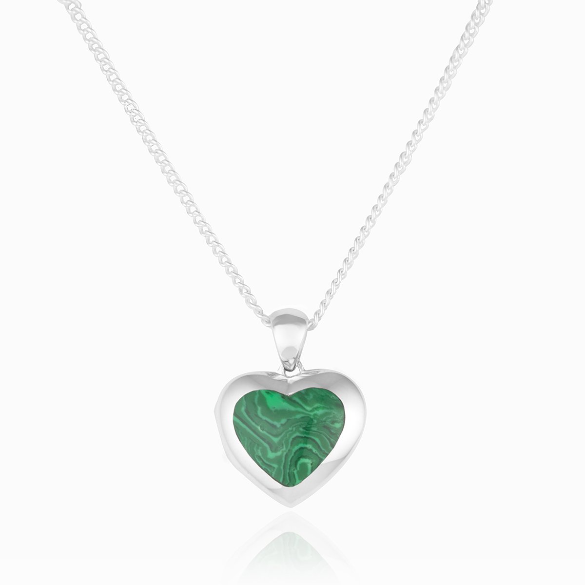 Front shot of a petite heart-shaped sterling silver locket set with green malachite on a sterling silver curb chain.