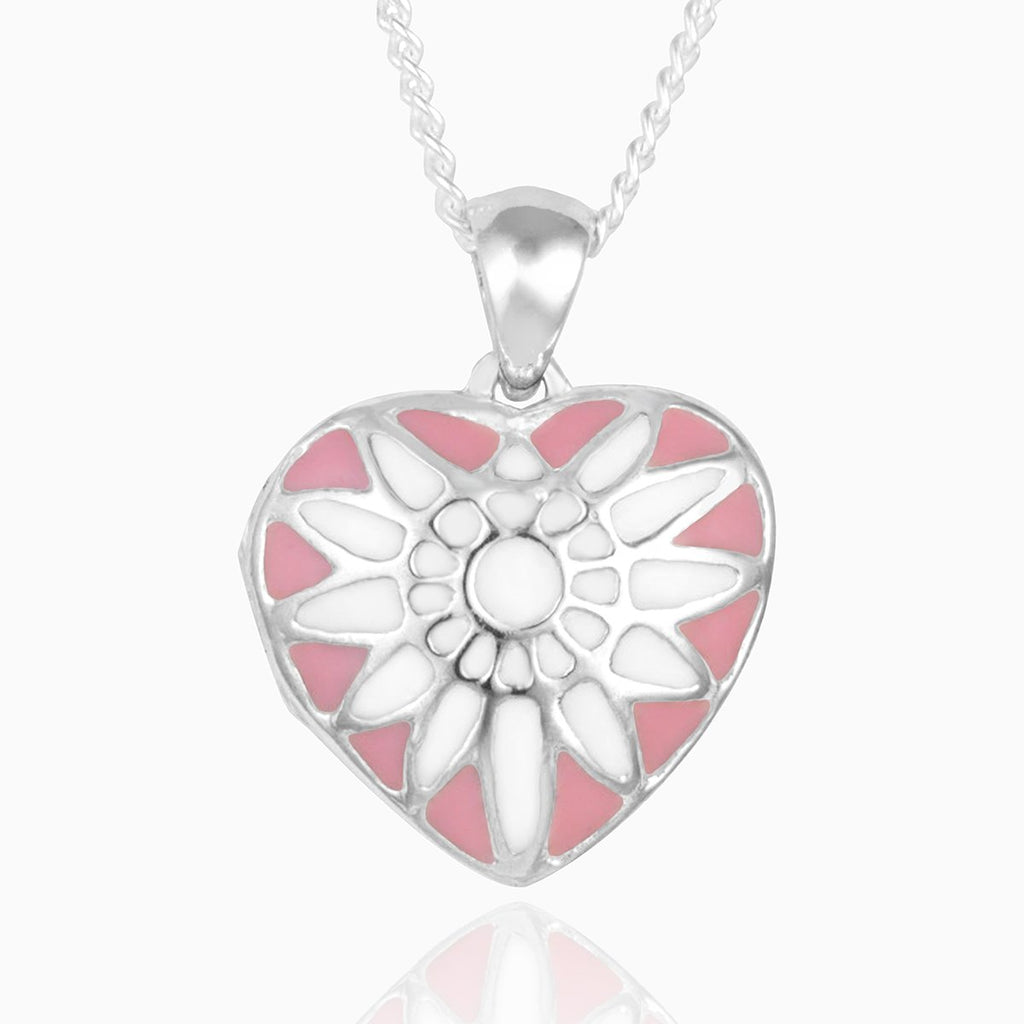 Sterling silver 925 heart locket with pink and white enamel design.
