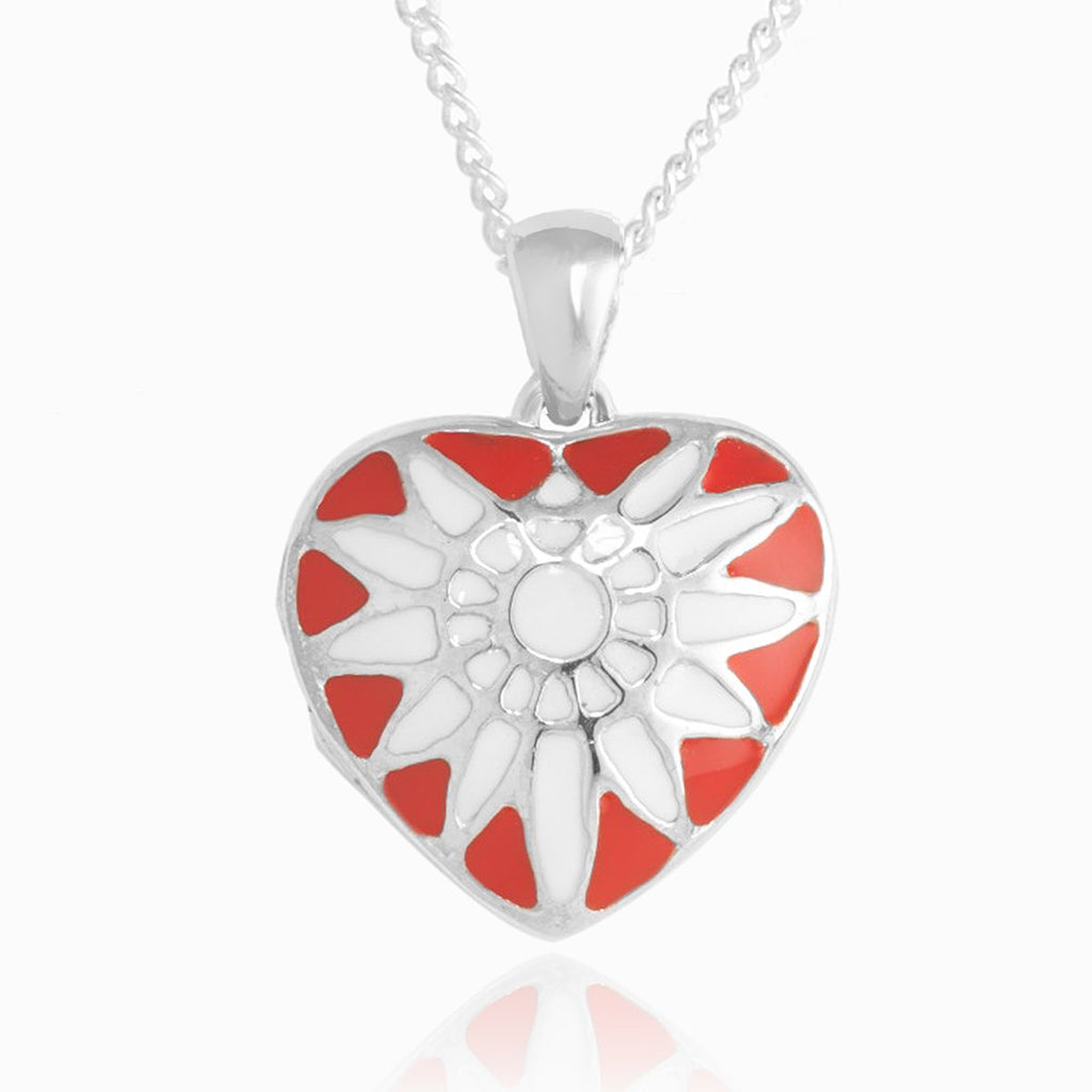 Sterling silver 925 heart locket with red and white enamel design.