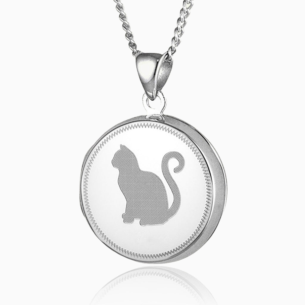 sterling silver round locket with an engraved cat on the front