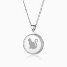 sterling silver round locket with an engraved cat on the front