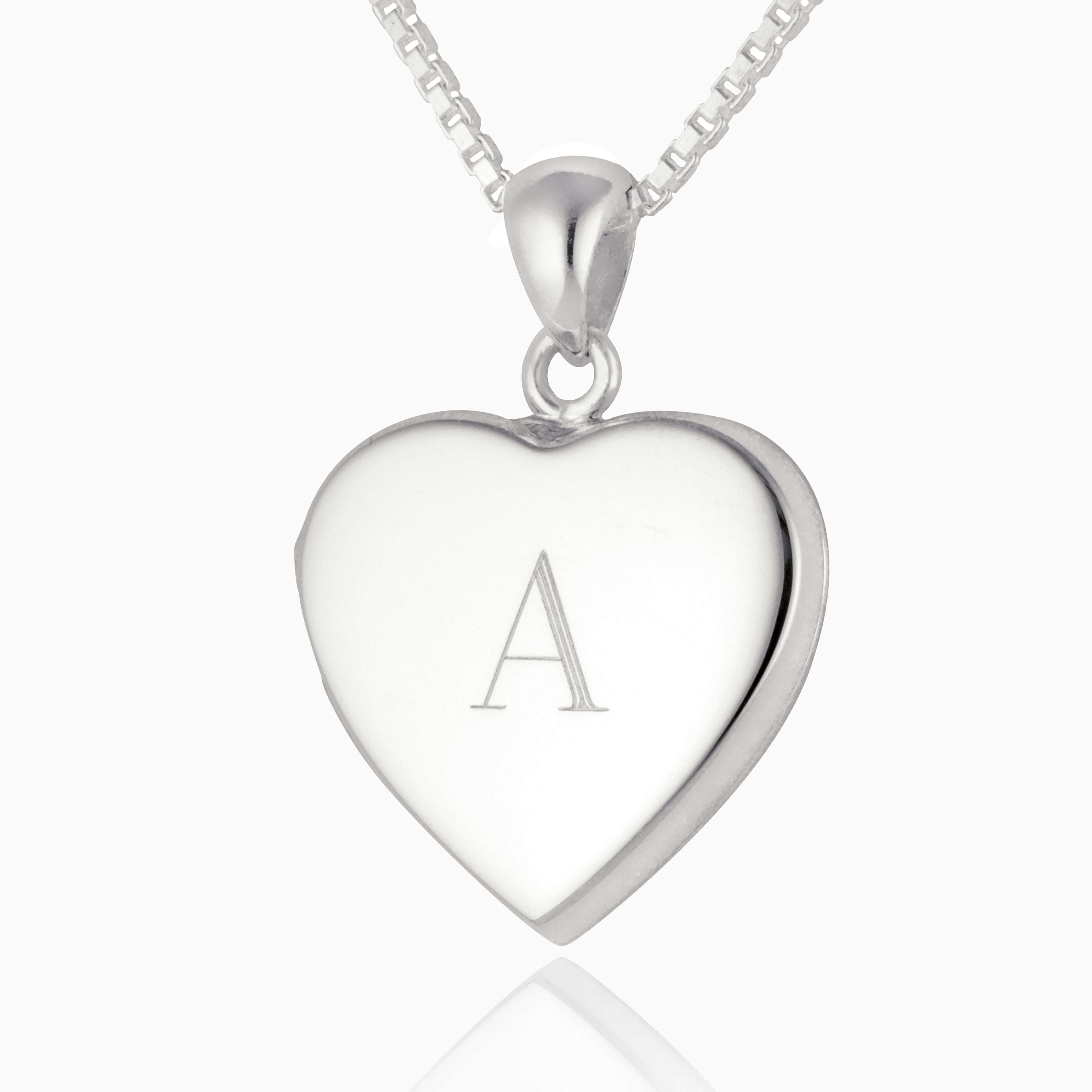sterling silver heart locket with the initial A engraved on the front in a Roman font, on a sterling silver box chain